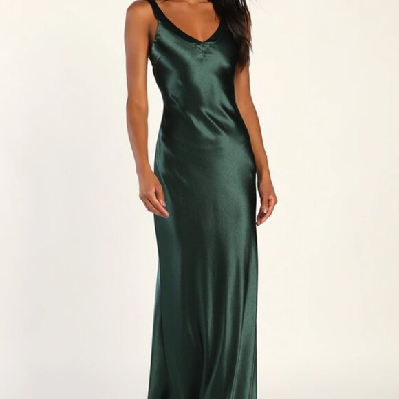 Lulus Perfectly Classy Emerald Green Satin Strappy Maxi Dress - Size XS - Picture 5 of 6